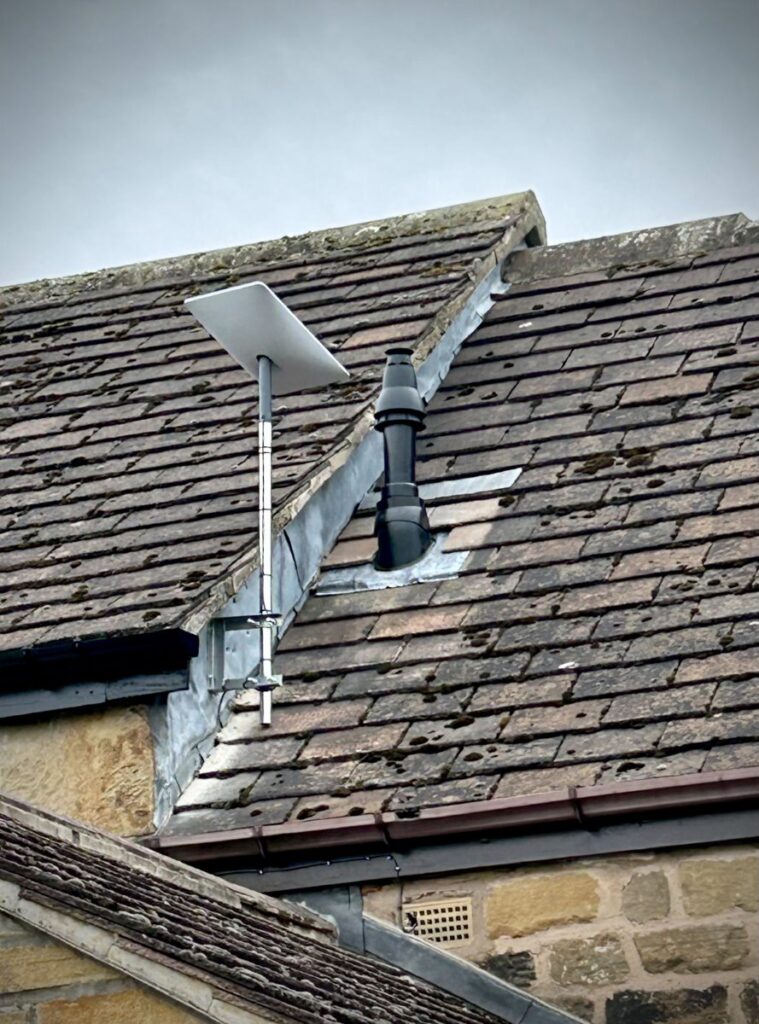 Starlink dish installed ton house roof. Clear view of sky. Starlink Installation by Above Security, Sheffield South Yorkshire