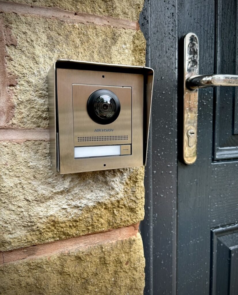 Door Intercom Station camera on front wall by South Yorkshire Installer. Above Security Sheffield Door Intercom installation service